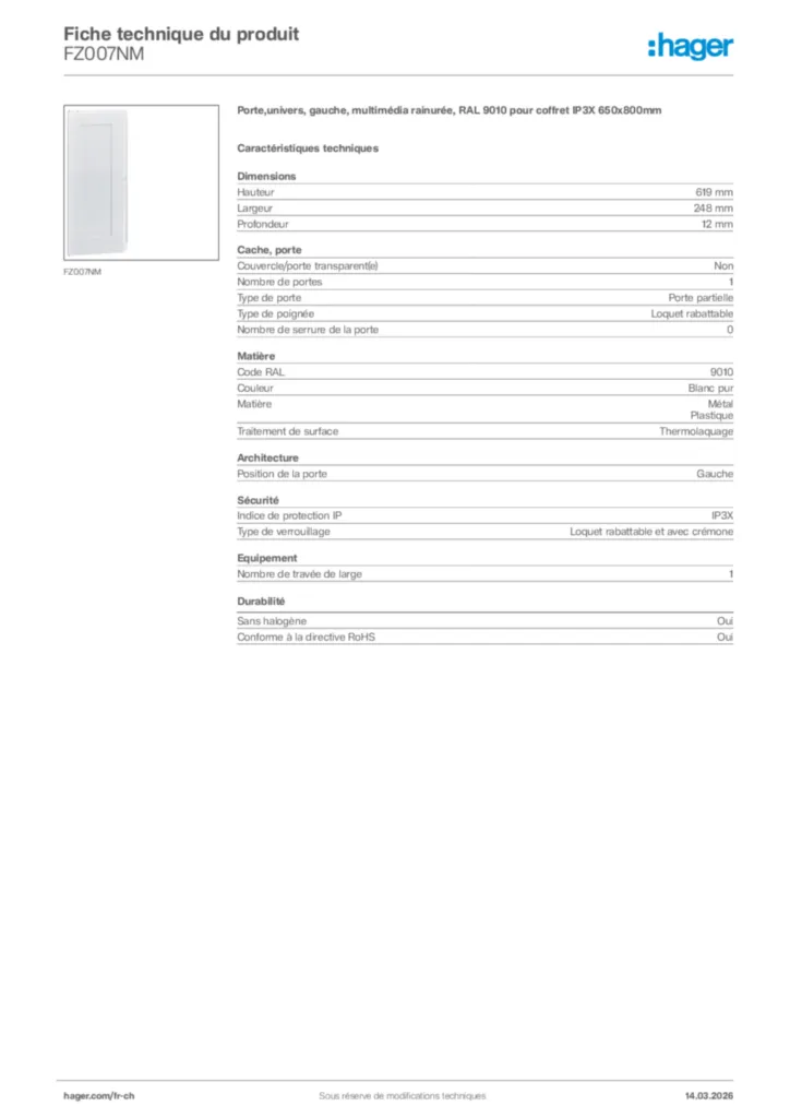 Image Hager Fiche technique du produit FZ007NM | Hager Suisse