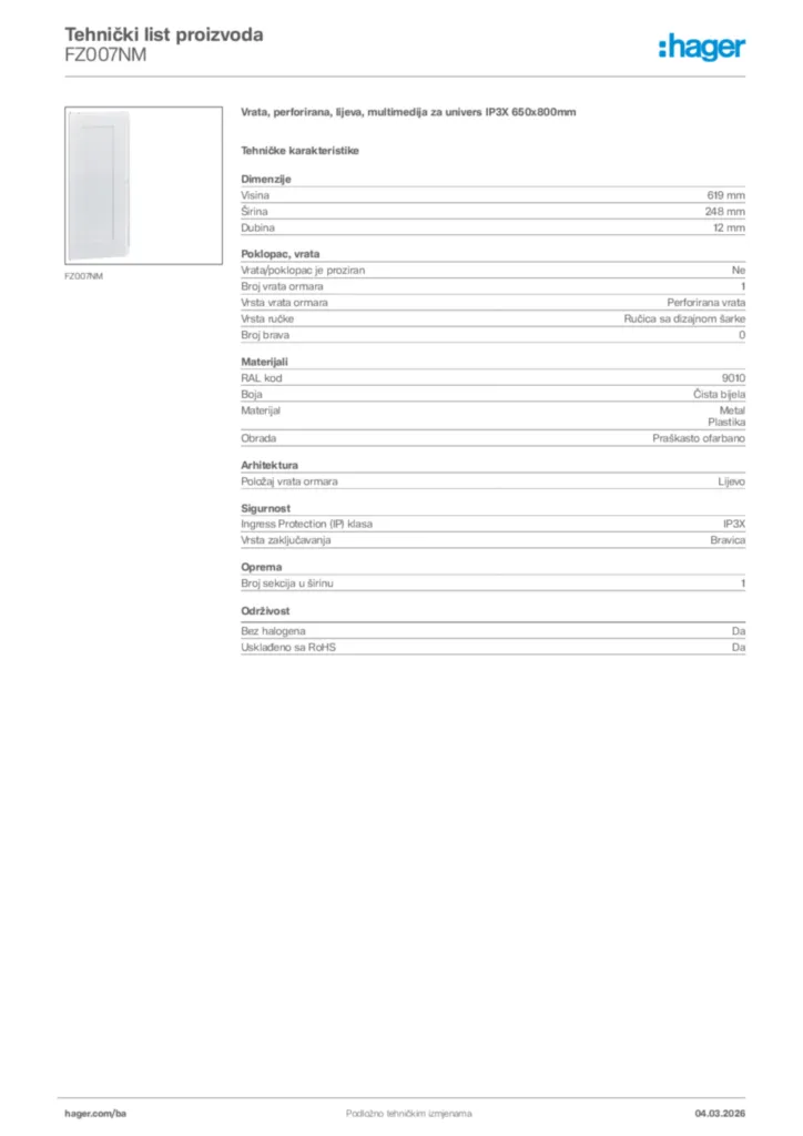 Slika Hager Tehnički list proizvoda FZ007NM  | Hager