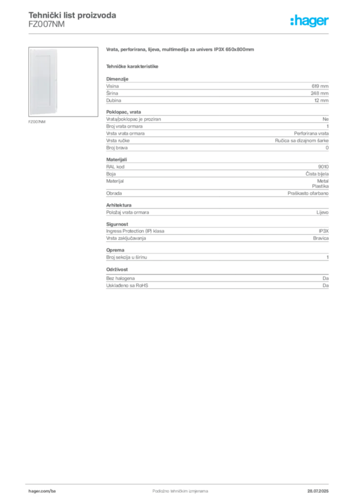 Slika Hager Product data sheet FZ007NM  | Hager