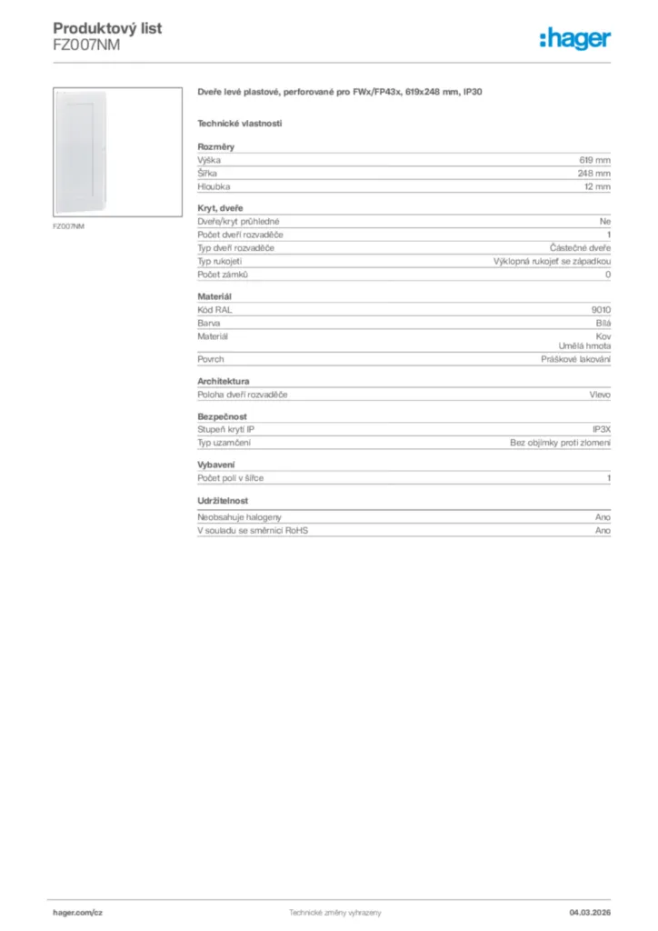 Obrázek Hager Product data sheet FZ007NM | Hager