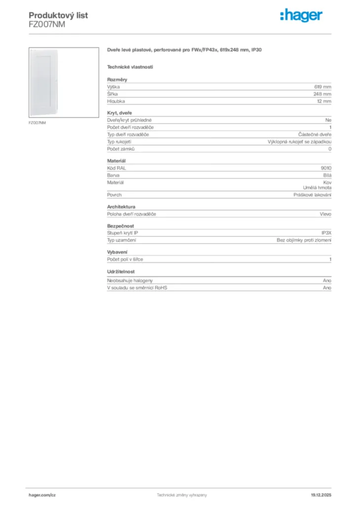 Obrázek Hager Produktový list FZ007NM | Hager