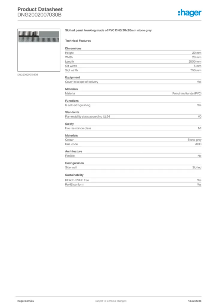 Image Hager Product data sheet DNG2002007030B  | Hager Australia