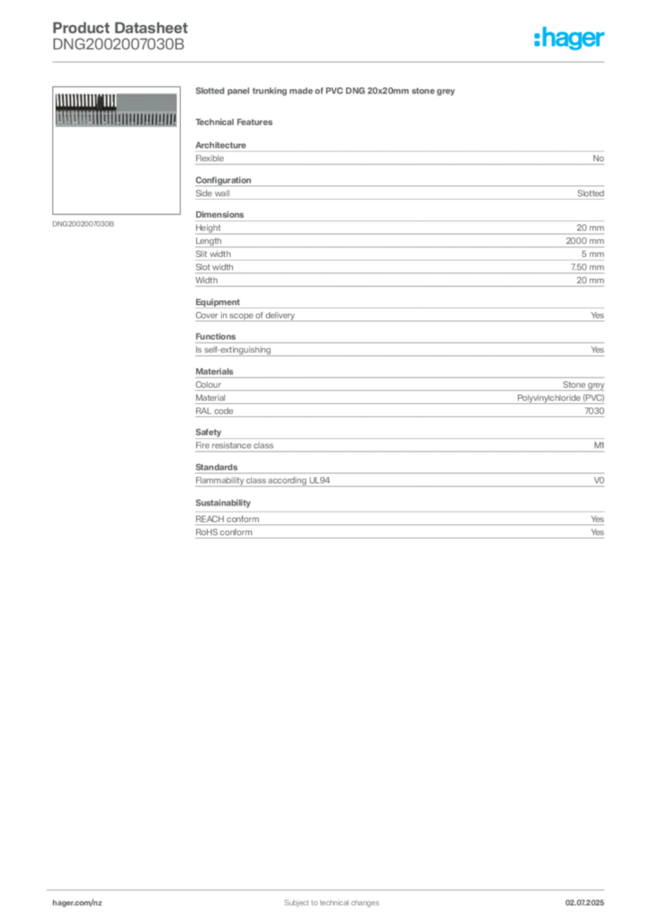 Image Hager Product data sheet DNG2002007030B  | Hager New Zealand