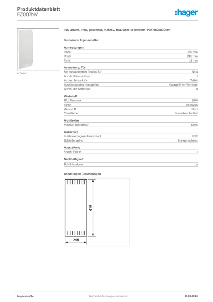 Bild Hager Produktdatenblatt FZ007NV | Hager Deutschland