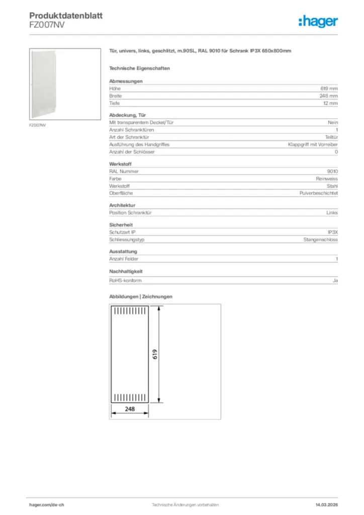Bild Hager Produktdatenblatt FZ007NV | Hager Schweiz