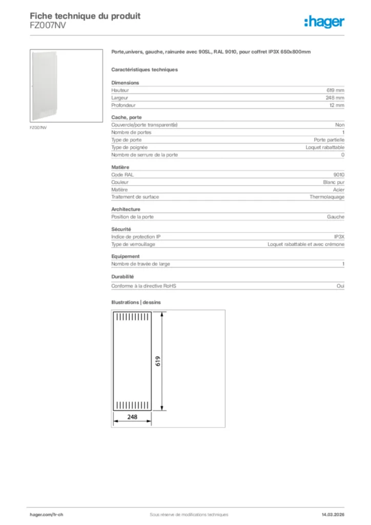 Image Hager Fiche technique du produit FZ007NV | Hager Suisse