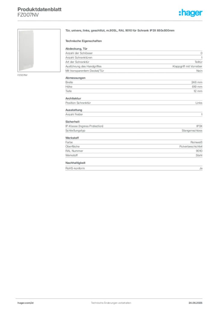 Bild Hager Produktdatenblatt FZ007NV | Hager Deutschland