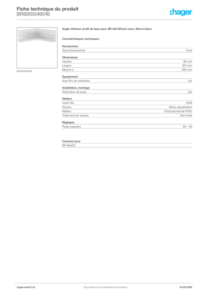 Image Hager Fiche technique du produit BR6510049016 | Hager Suisse