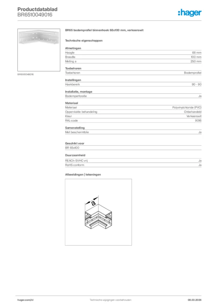 Afbeelding Hager Productdatablad BR6510049016 | Hager Nederland