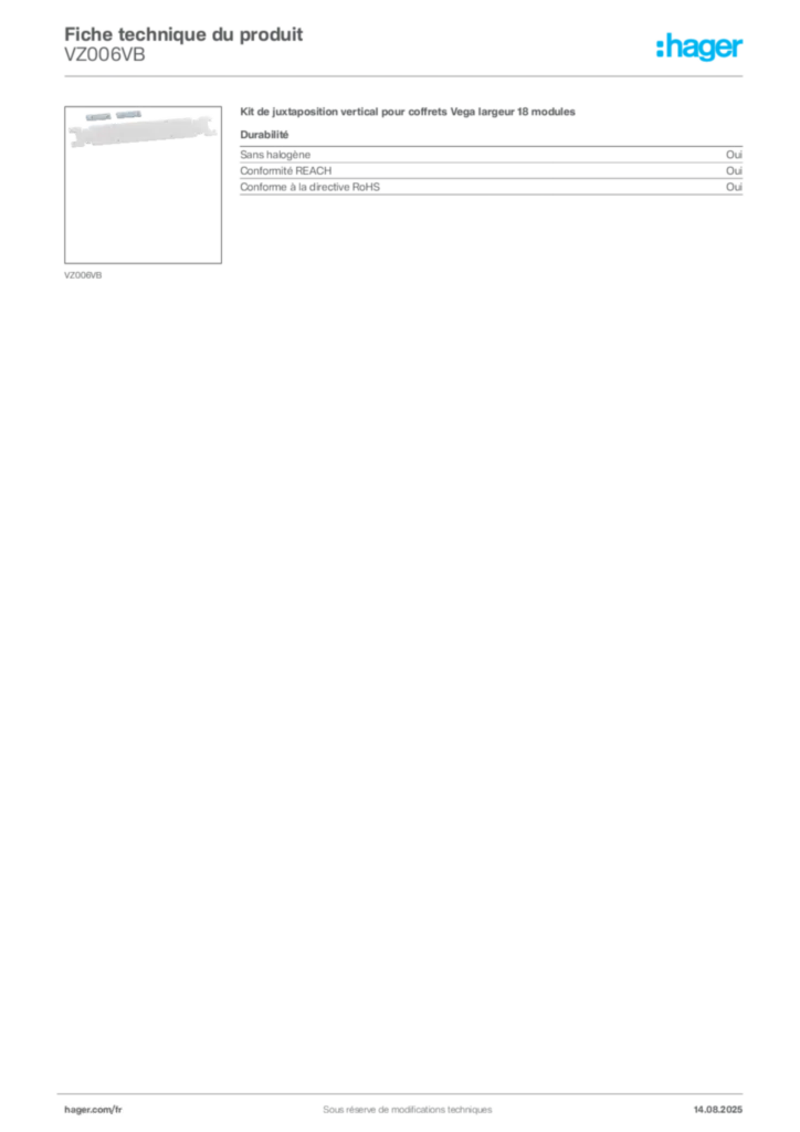 Image Hager Fiche technique du produit VZ006VB | Hager France