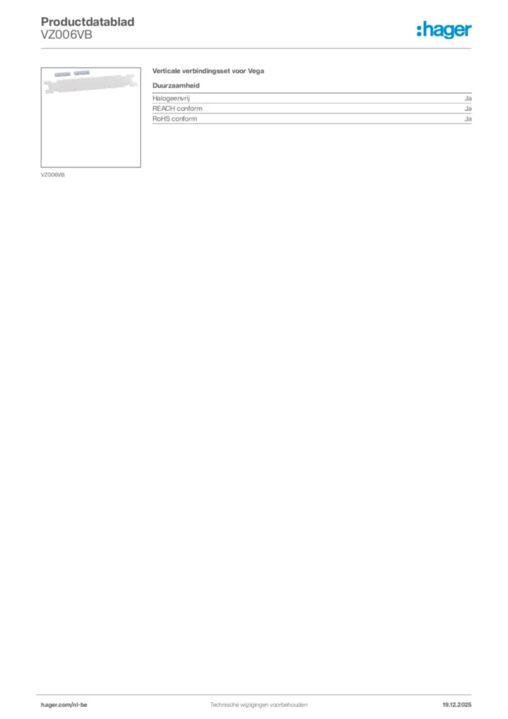 Afbeelding Hager Productdatablad VZ006VB | Hager Belgium
