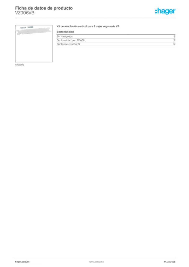 Imagen Hager Ficha de datos de producto VZ006VB | Hager España