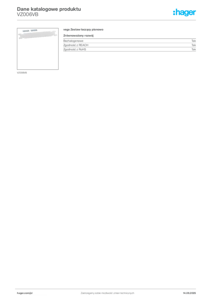Zdjęcie Hager Karta katalogowa VZ006VB | Hager Polska