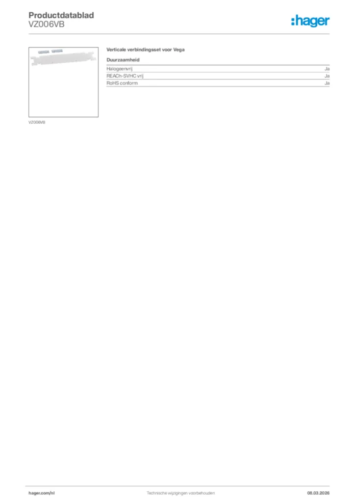 Afbeelding Hager Productdatablad VZ006VB | Hager Nederland