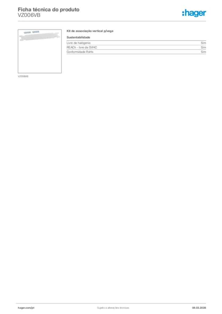 Imagem Hager Ficha técnica do produto VZ006VB | Hager Portugal
