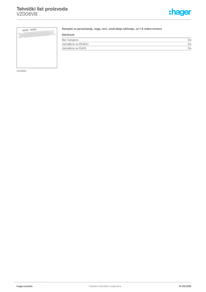 Slika Hager Product data sheet VZ006VB  | Hager