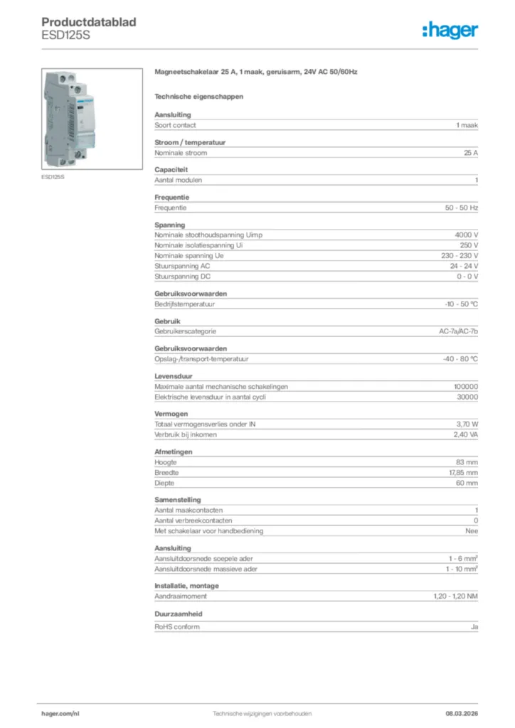 Afbeelding Hager Productdatablad ESD125S | Hager Nederland