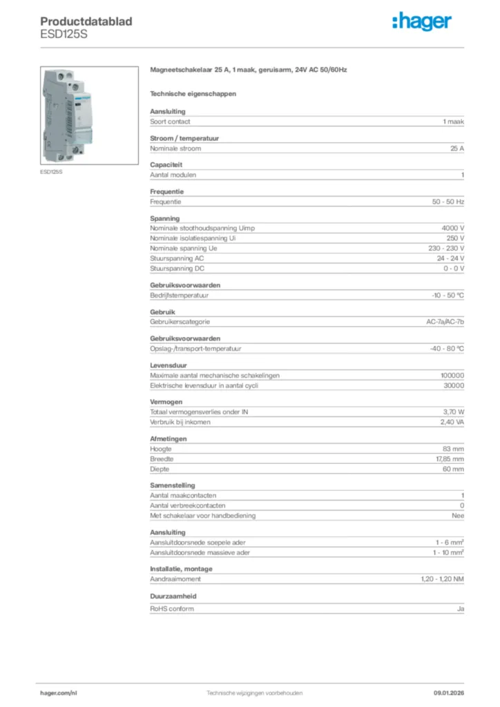 Afbeelding Hager Productdatablad ESD125S | Hager Nederland
