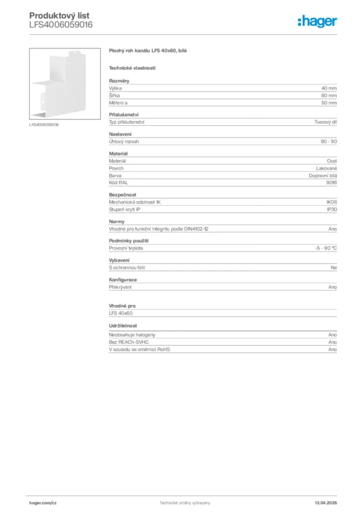 Obrázek Hager Product data sheet LFS4006059016 | Hager