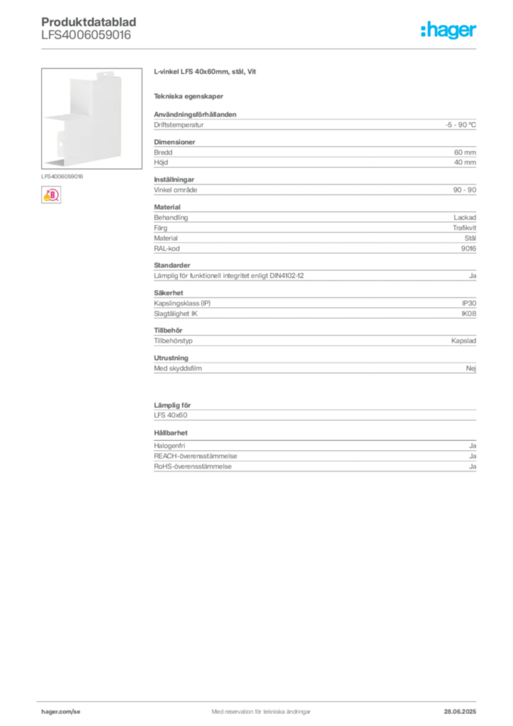 Bild Hager Produktdatablad LFS4006059016 | Hager Sverige