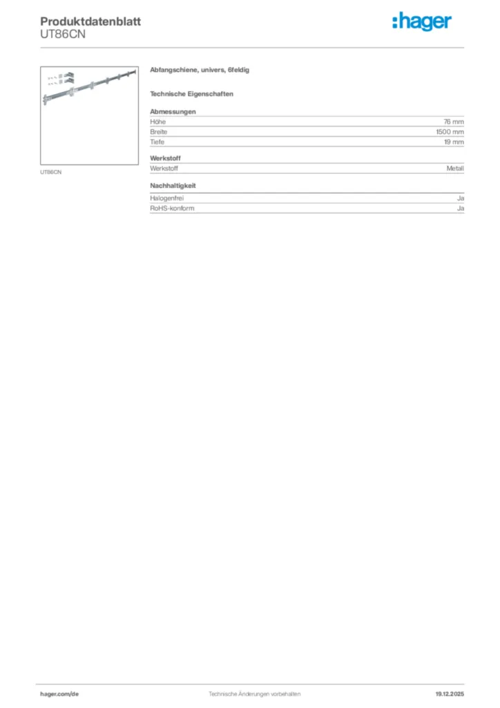 Bild Hager Produktdatenblatt UT86CN | Hager Deutschland