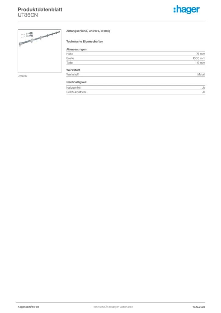Bild Hager Produktdatenblatt UT86CN | Hager Schweiz