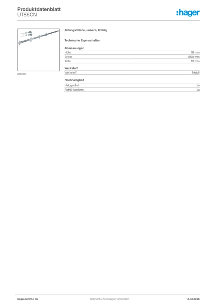 Bild Hager Produktdatenblatt UT86CN | Hager Schweiz