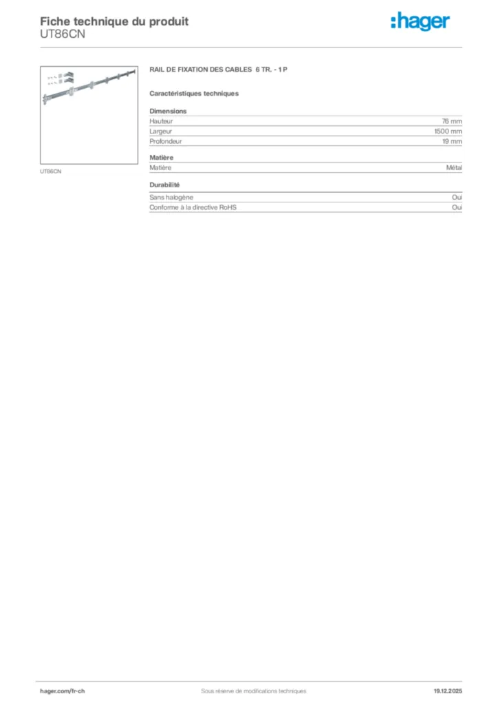 Image Hager Fiche technique du produit UT86CN | Hager Suisse