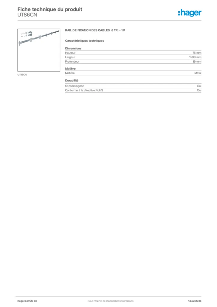 Image Hager Fiche technique du produit UT86CN | Hager Suisse