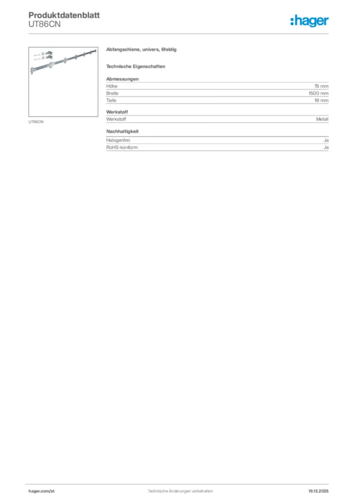Bild Hager Produktdatenblatt UT86CN | Hager Deutschland
