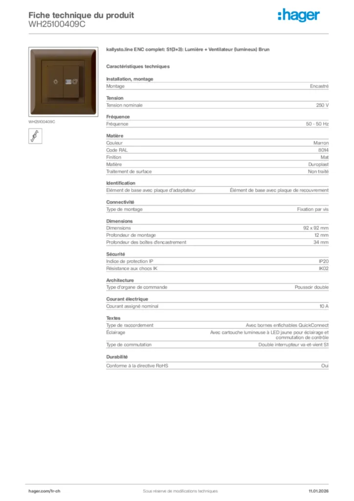 Image Hager Fiche technique du produit WH25100409C | Hager Suisse