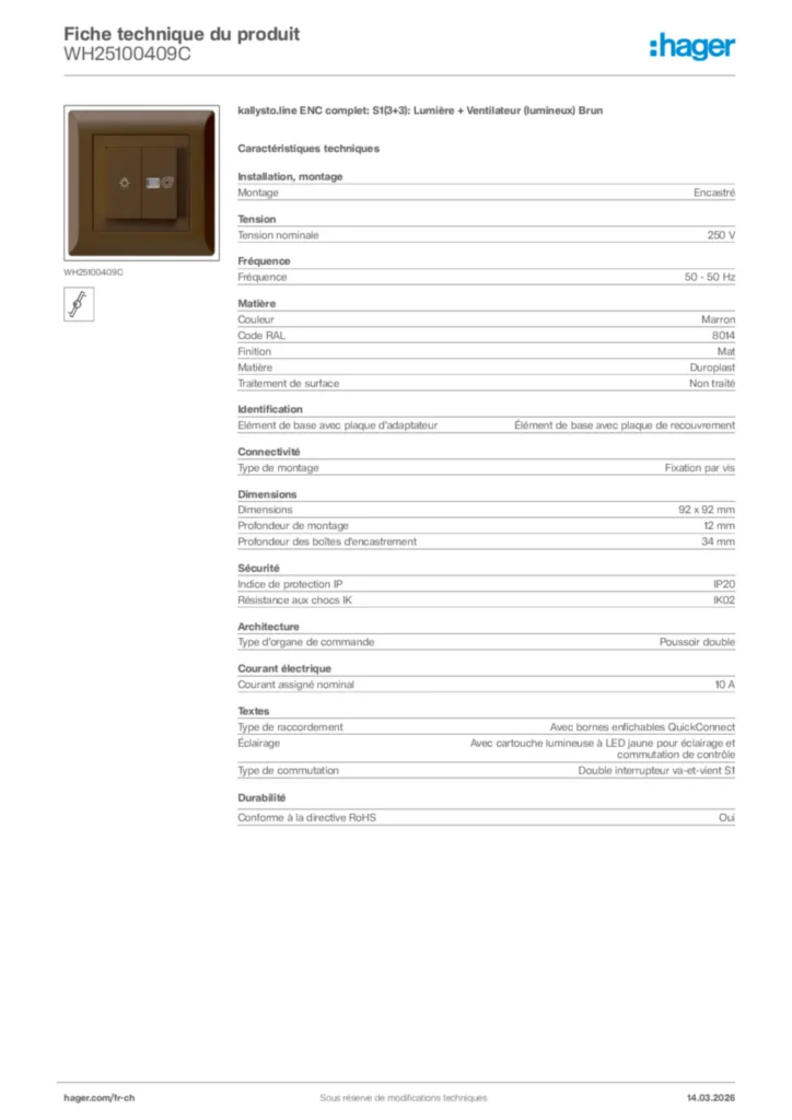 Image Hager Fiche technique du produit WH25100409C | Hager Suisse