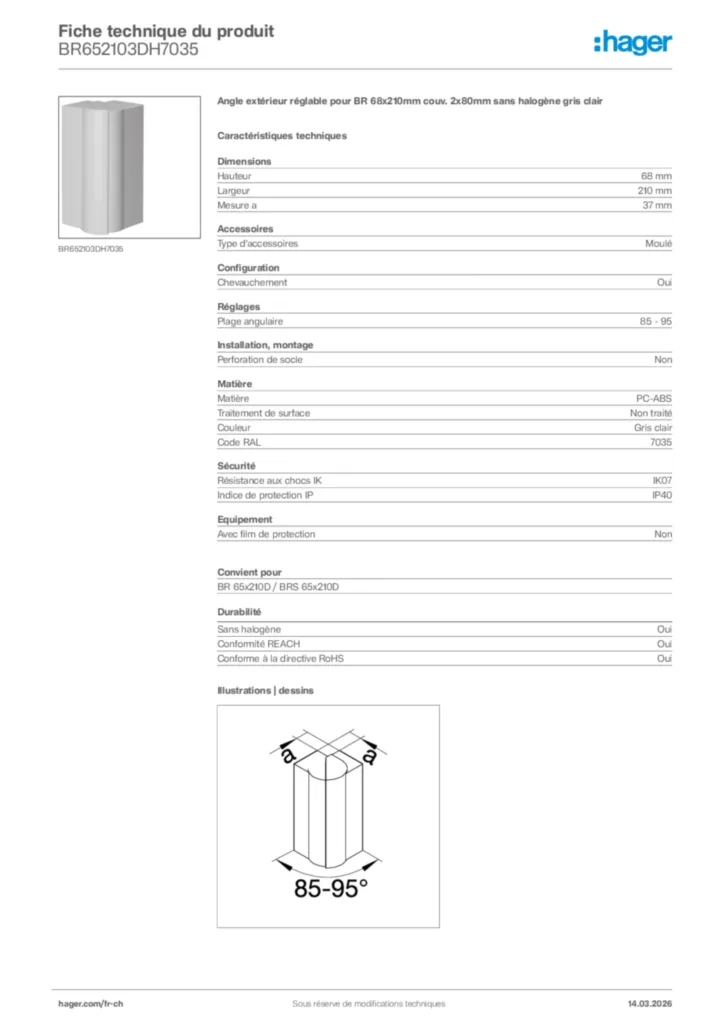 Image Hager Fiche technique du produit BR652103DH7035 | Hager Suisse