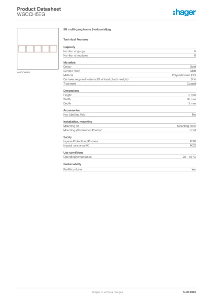 Image Hager Product data sheet WGCCH5EG  | Hager Africa