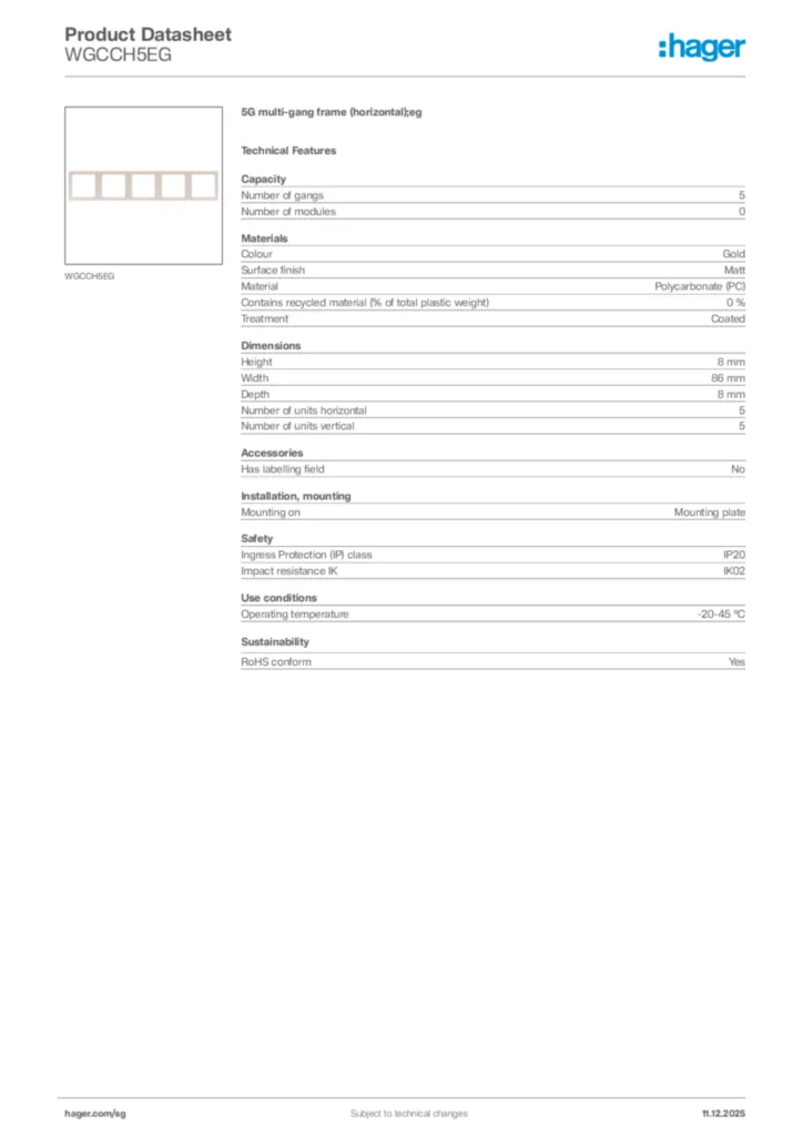 Image Hager Product data sheet WGCCH5EG  | Hager