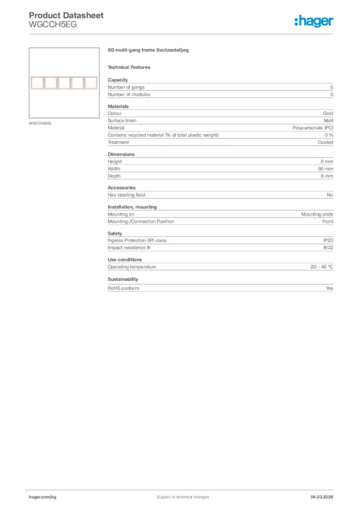 Image Hager Product data sheet WGCCH5EG  | Hager