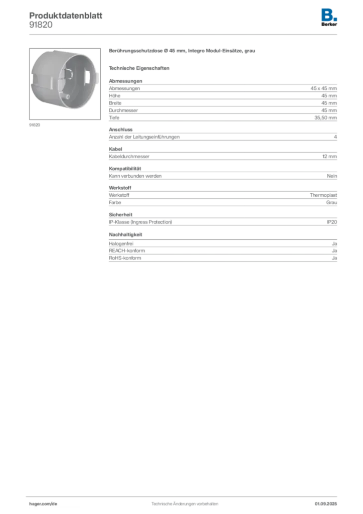 Berker Produktdatenblatt 91820