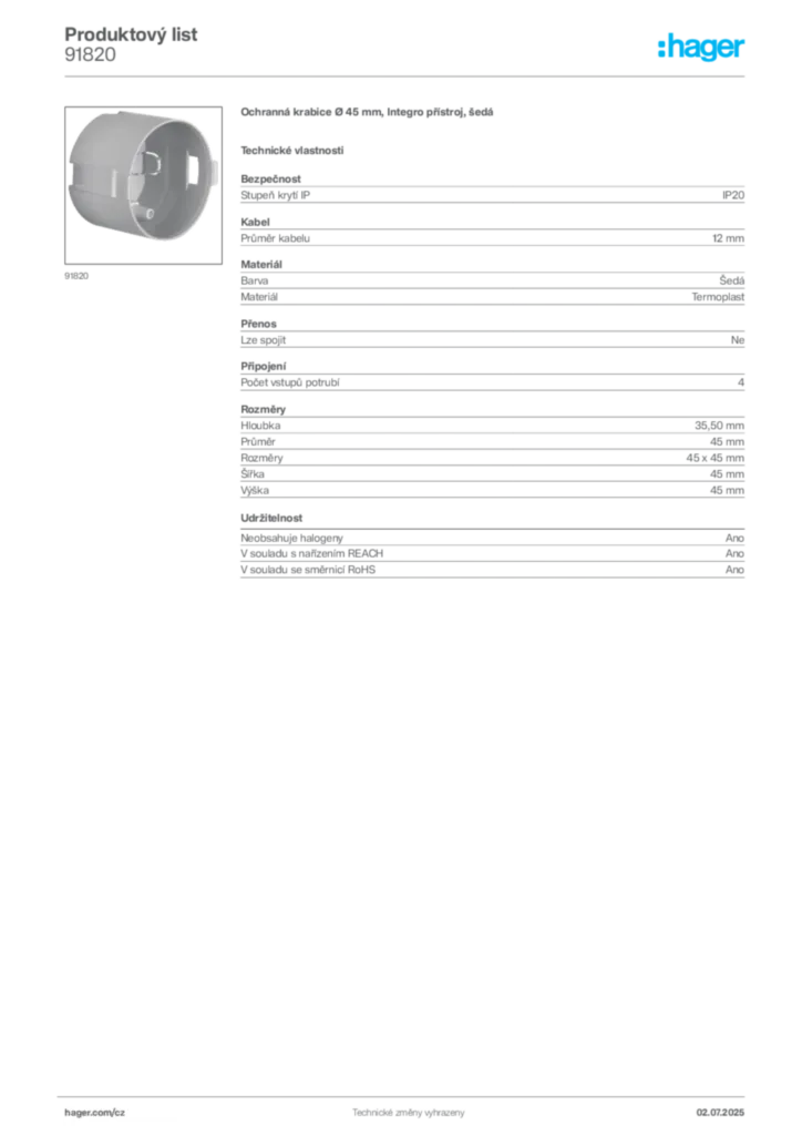 Obrázek Hager Produktový list 91820 | Hager