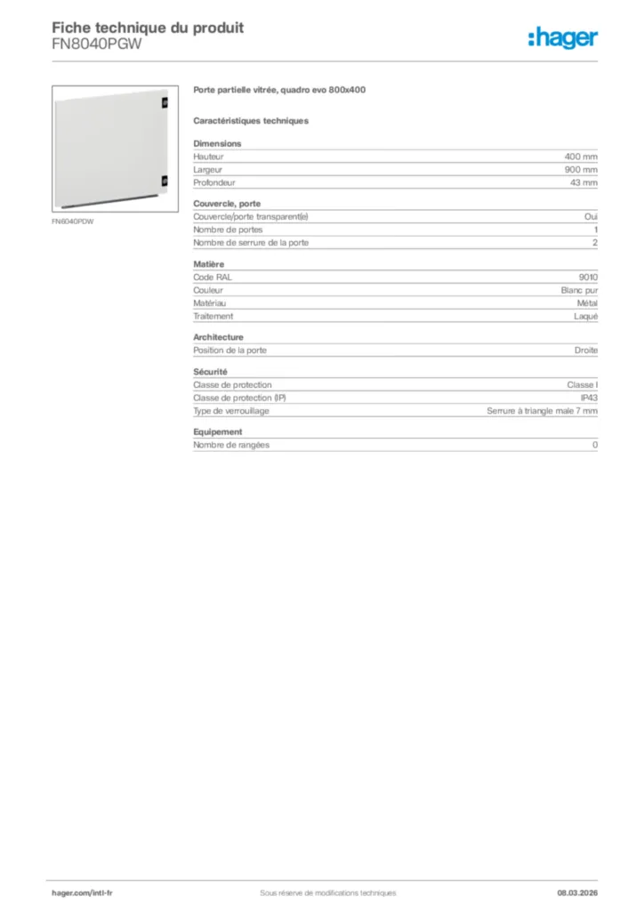 Image Hager Fiche technique du produit FN8040PGW | Hager Afrique