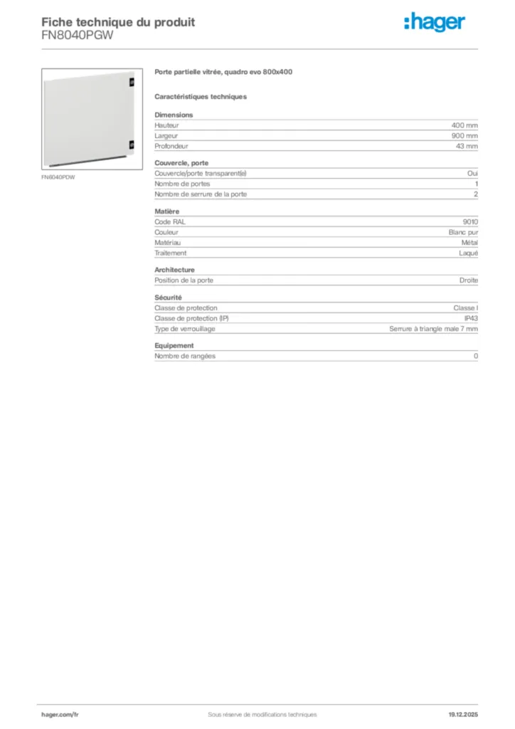 Image Hager Fiche technique du produit FN8040PGW | Hager France
