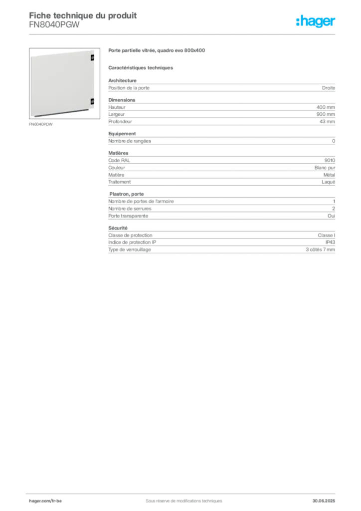 Image Hager Fiche technique du produit FN8040PGW | Hager Belgique