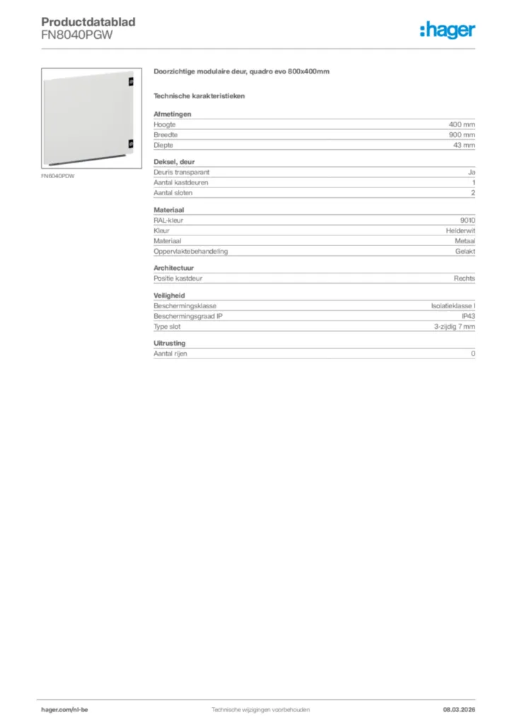 Afbeelding Hager Productdatablad FN8040PGW | Hager Belgium