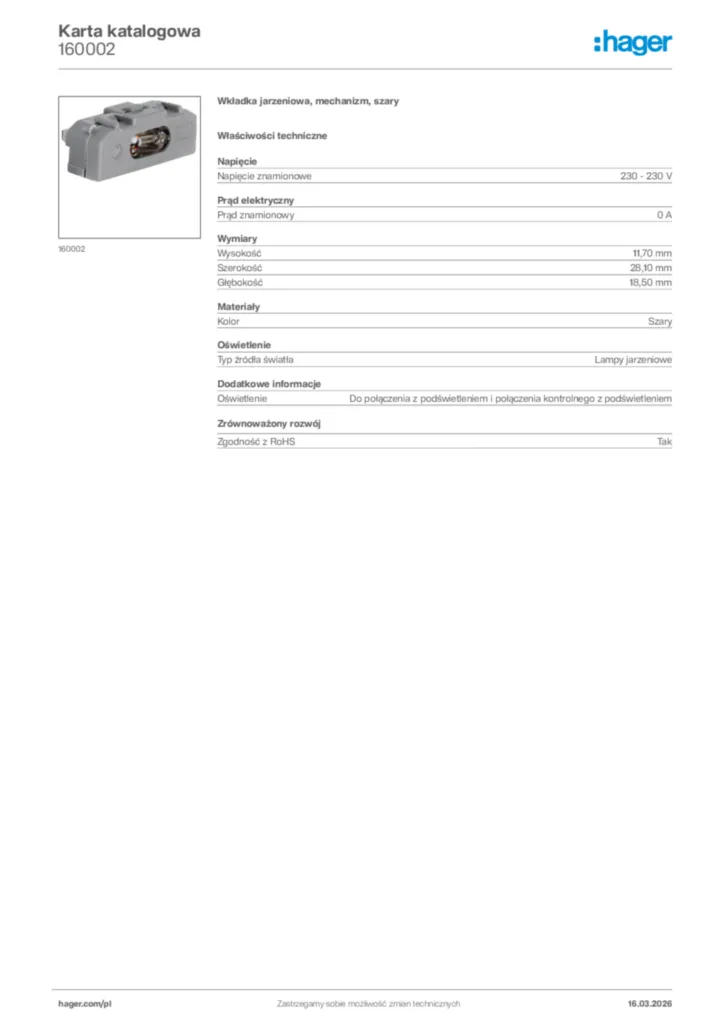 Zdjęcie Hager Karta katalogowa 160002 | Hager Polska