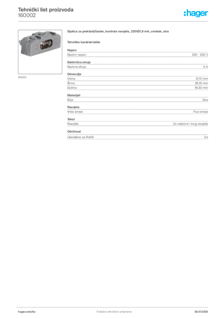 Slika Hager Product data sheet 160002  | Hager