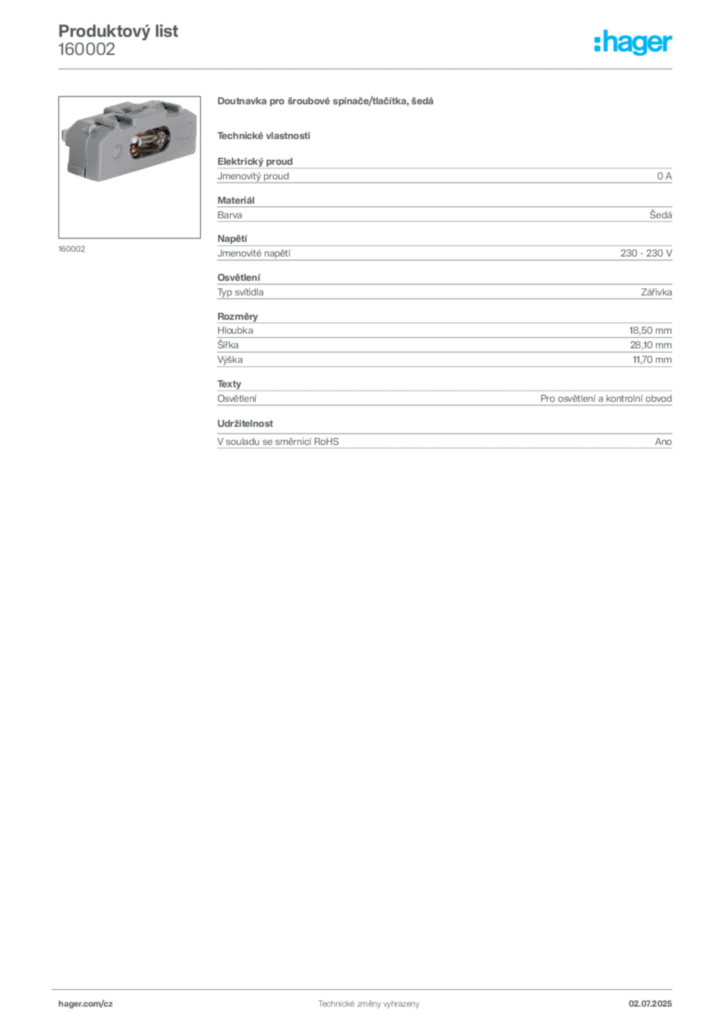 Obrázek Hager Produktový list 160002 | Hager