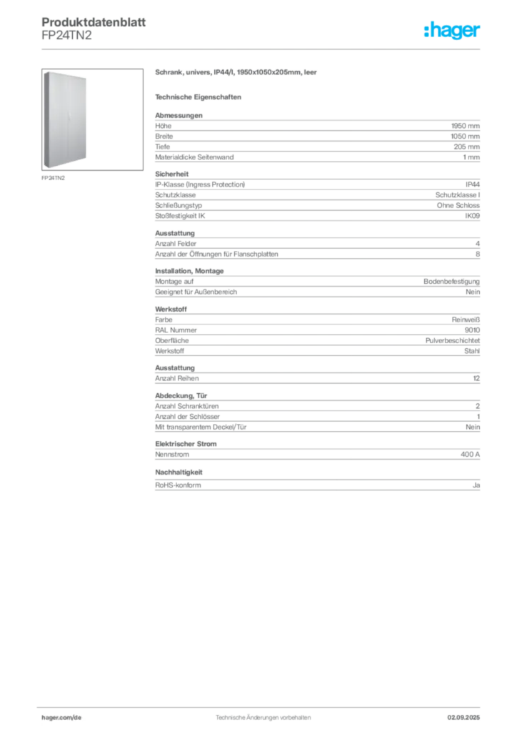 Bild Hager Produktdatenblatt FP24TN2 | Hager Deutschland