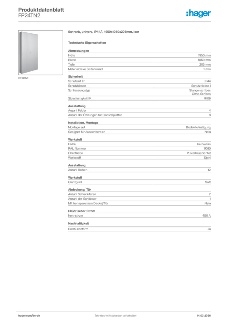Bild Hager Produktdatenblatt FP24TN2 | Hager Schweiz