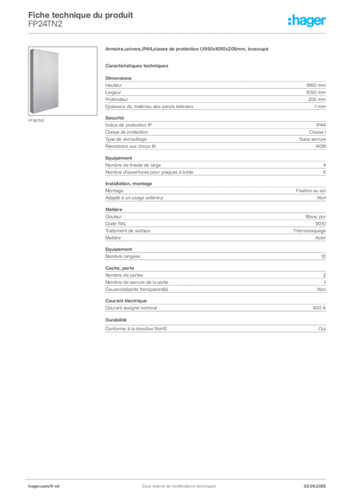 Image Hager Fiche technique du produit FP24TN2 | Hager Suisse