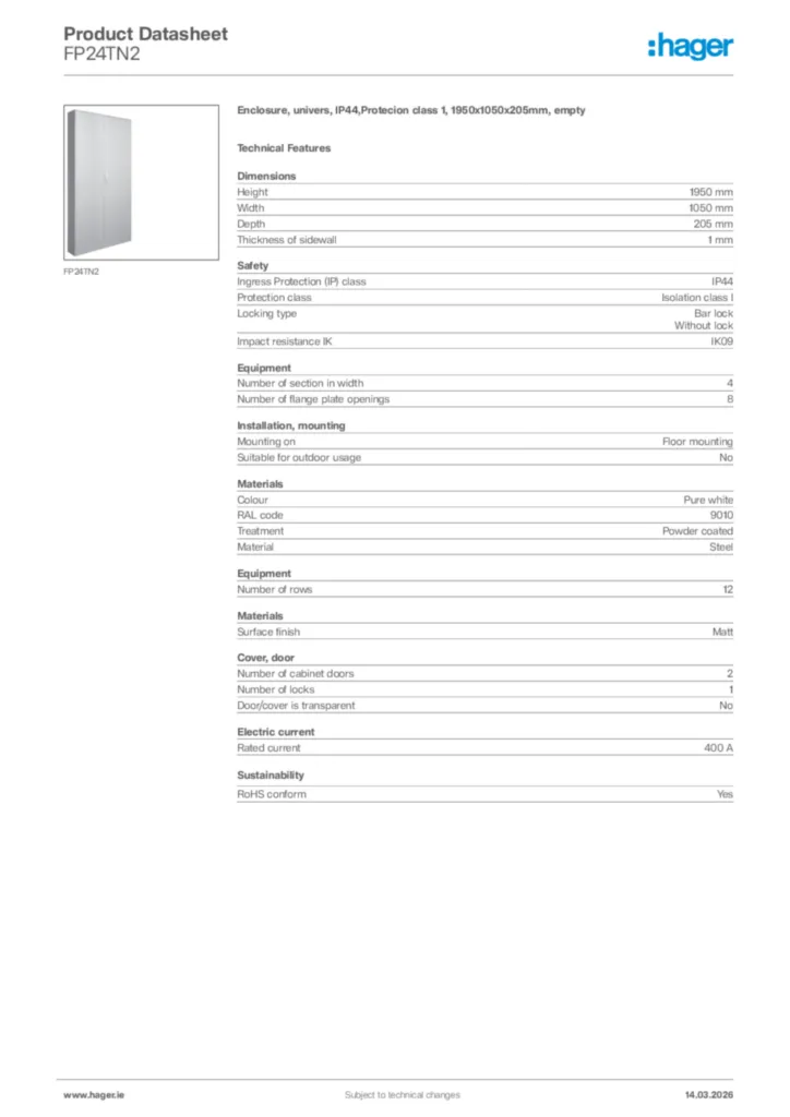 Image Hager Product data sheet FP24TN2  | Hager