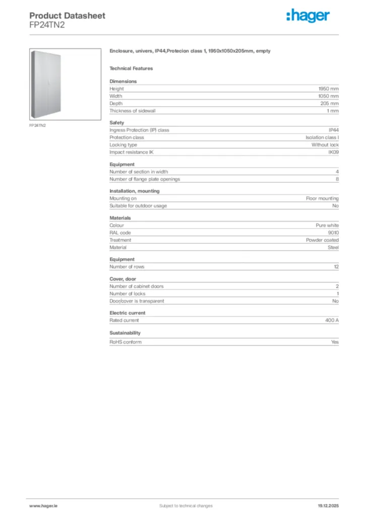 Image Hager Product data sheet FP24TN2  | Hager